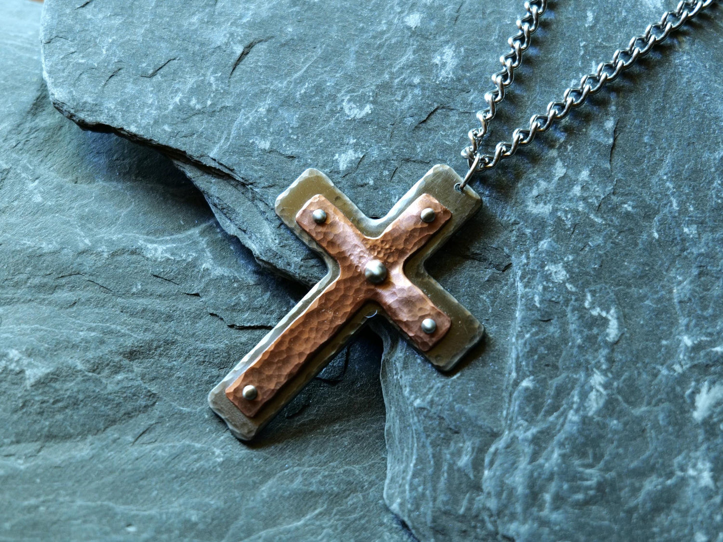 Hand Forged Steel & Copper Basic Cross * Pectoral Cross Necklace * Hammered Cross Pendant * Christian Gift for Men Women * Riveted Necklace