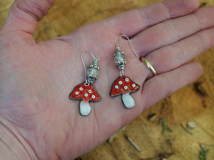 Enameled Red Mushroom Necklace Pendant * Enameled Mushroom Earrings * Handmade Enameled Mushroom Jewelry