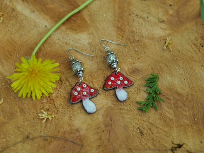 Enameled Red Mushroom Necklace Pendant * Enameled Mushroom Earrings * Handmade Enameled Mushroom Jewelry