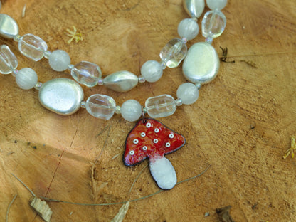Enameled Red Mushroom Necklace Pendant * Enameled Mushroom Earrings * Handmade Enameled Mushroom Jewelry
