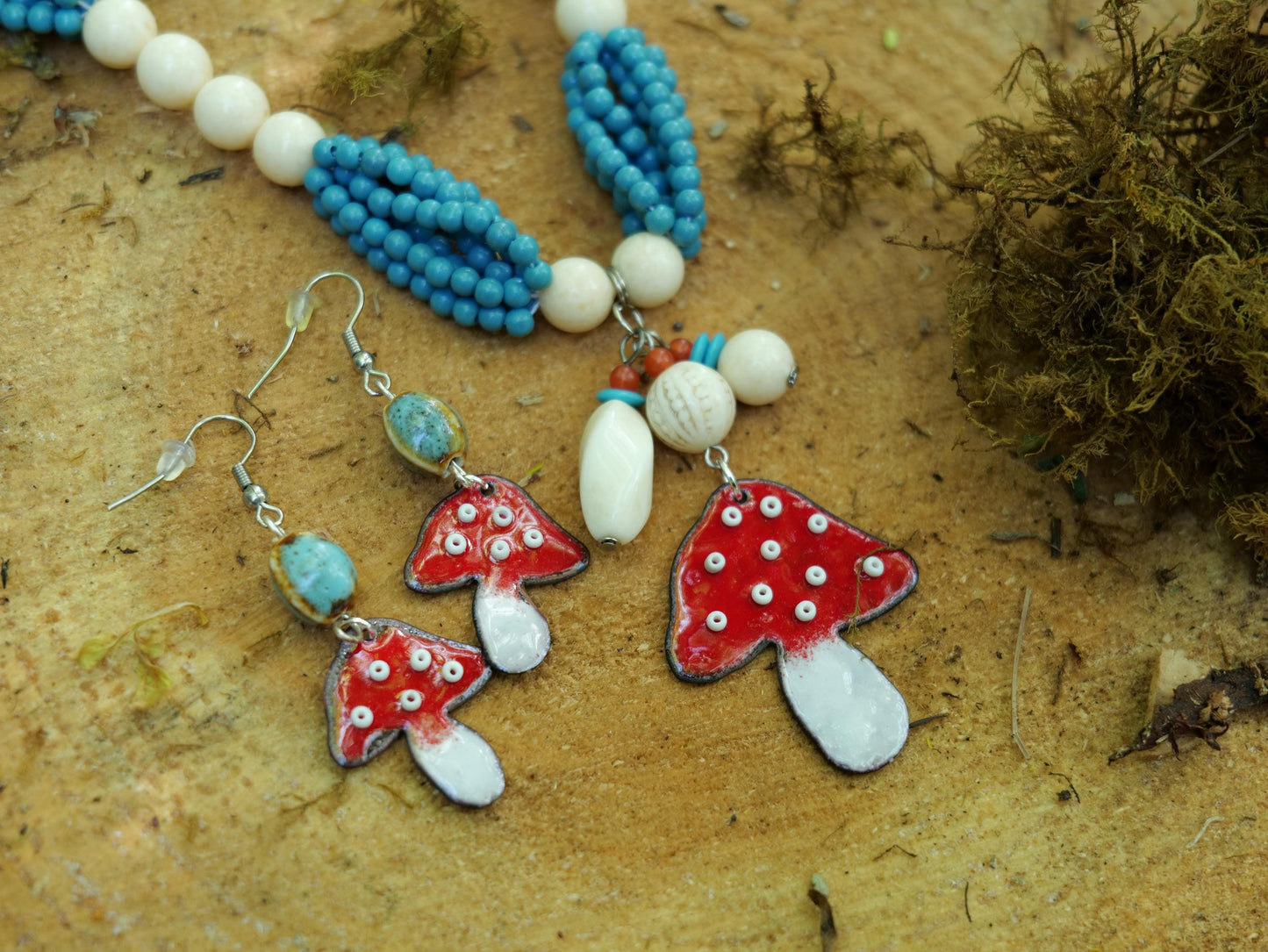 Enameled Red Mushroom Necklace Pendant * Enameled Mushroom Earrings * Handmade Enameled Mushroom Jewelry