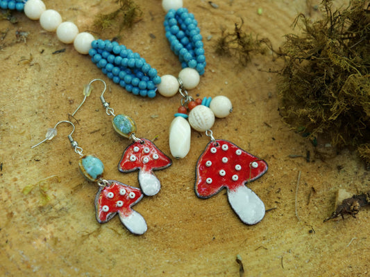 Enameled Red Mushroom Necklace Pendant * Enameled Mushroom Earrings * Handmade Enameled Mushroom Jewelry