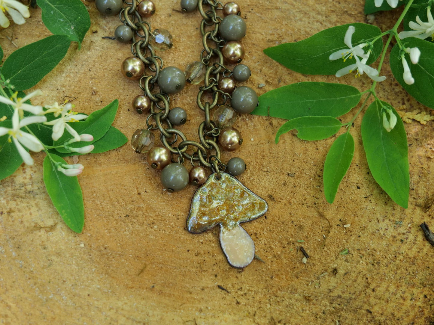 Enameled Brown Mushroom Necklace Pendant * Enameled Mushroom Earrings * Handmade Enameled Mushroom Jewelry