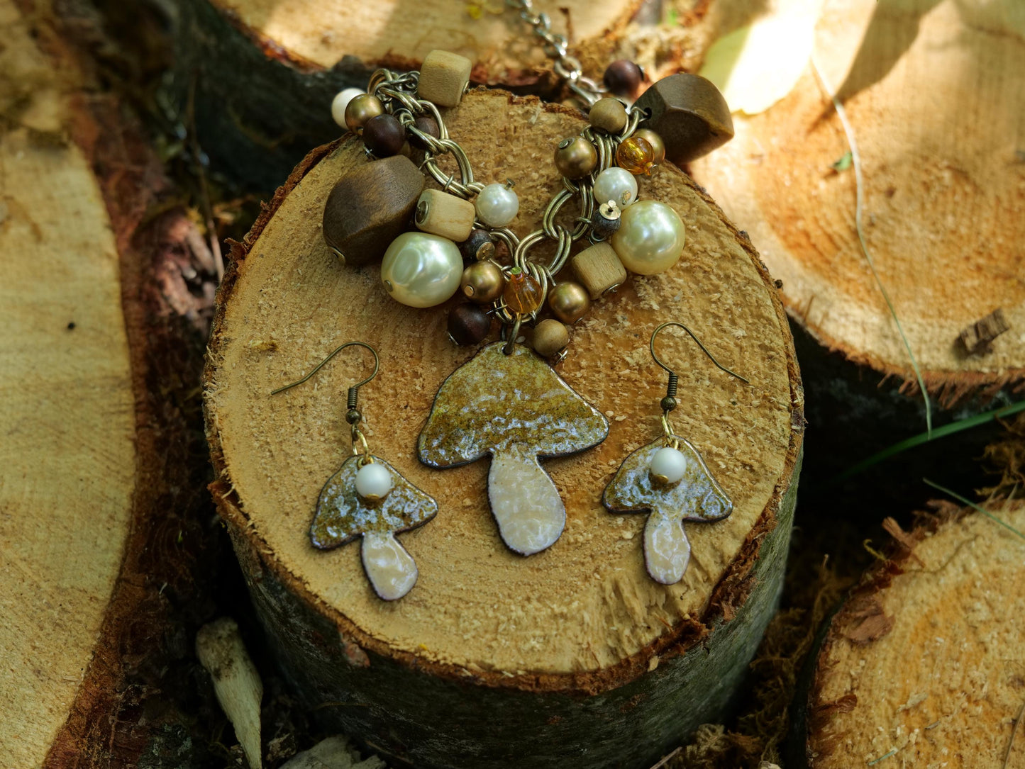 Enameled Brown Mushroom Necklace Pendant * Enameled Mushroom Earrings * Handmade Enameled Mushroom Jewelry